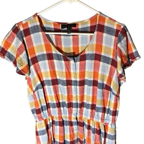 LANE BRYANT checked linen blend Short Sleeve DRESS Sz 14 button front pockets - Picture 2 of 5